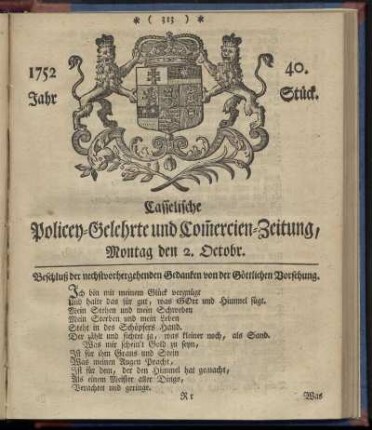 40. Stueck, Montag den 2. Octobr. 1752