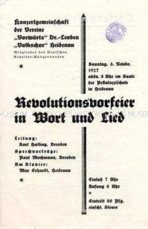 Programm einer Revolutionsfeier mit diversen Arbeiter-Chören