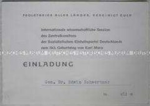 Einladung zu einer wissenschaftlichen Veranstaltung des ZK der SED zum 150. Geburtstag von Karl Marx