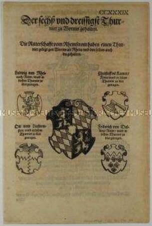 Sechsunddreißigstes Turnier zu Worms im Jahr 1487 - Stadt- und Familienwappen (S. CCXXXIX aus dem Turnierbuch/1. Teil)
