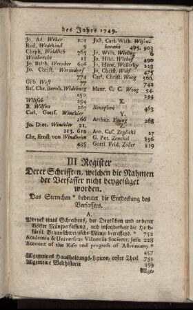III Register Derer Schrifften, welchen die Nahmen der Verfasser nicht beygefüget worden.
