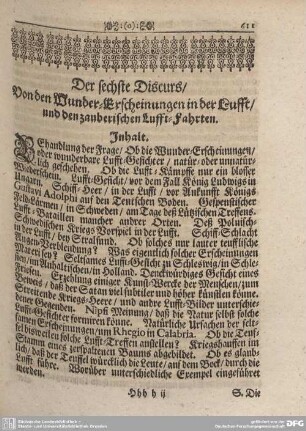 Der sechste Discurs/ Von den Wunder-Erscheinungen in der Lufft/ und den zauberberischen Lufft-Fahrten.