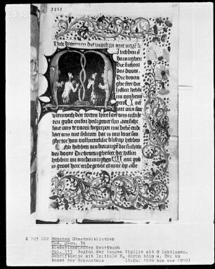 Niederländisches Gebetbuch — Initiale M mit Adam und Eva, Folio 117recto