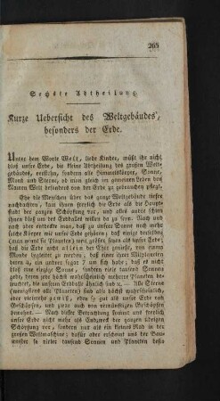 Sechste Abtheilung. Kurze Uebersicht des Weltgebaeudes, besonders der Erde.