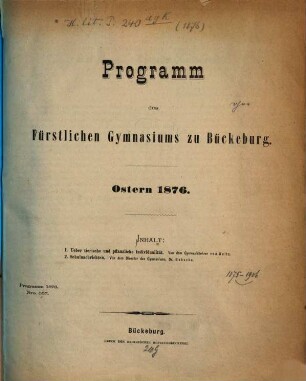 Programm des Fürstlichen Gymnasiums zu Bückeburg : Ostern ..., 1875/76