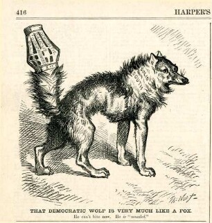 That democratic wolf is very much like a fox. He can't bite now. He is "muzzled" : einem Wolf, der die Südstaaten darstellt, wurde eine Maulkorb über den Schwanz gestülpt