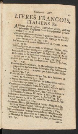 Livres Francois, Italiens &c.