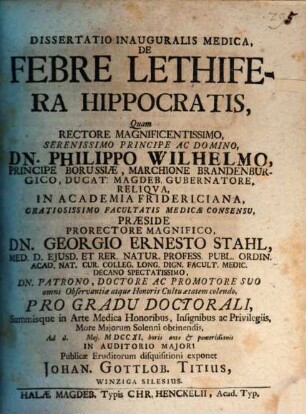 Diss. inaug. med. de febre lethifera Hippocratis