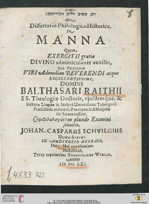 [...] Sive Dissertatio Philologico Historica De Manna