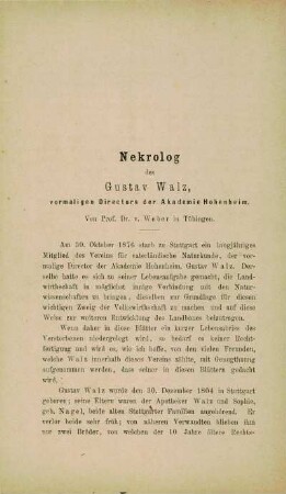 Nekrolog des Gustav Walz, Direktors in Hohenheim