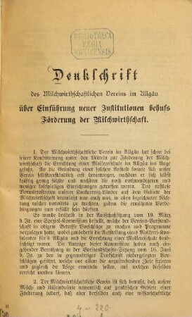 Denkschrift des Milchwirtschaftlichen Vereins im Allgäu über Einführung neuer Institutionen behufs Förderung der Milchwirtschaft