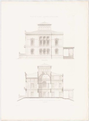 Werke der höheren Baukunst, Darmstadt 1856 Villa in einer Vorstadt: Aufriss Seitenansicht, Querschnitt