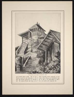 Sripada-Tempel auf dem Gipfel des Adams-Pik. Ceylon : Haeckel, Ernst: Sripada-Tempel auf dem Gipfel des Adams-Pik. Ceylon. Bezeichnet "Tempel auf dem Gipfel des Adams-Pik, Ceylon. 12. Febr. 82". Illustration zu Wanderbild 34: Adams-Pik auf Ceylon. Südseite, Pelmadula. Textblatt mit Aquarell in Schwarz-Weiß-Druck; 37 x 28 cm