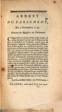 Arrests, Arreste's Et Remontrances Du Parlement De Toulouse, Au sujet des entreprises du Grand-Conseil : Du 19 Décembre 1755