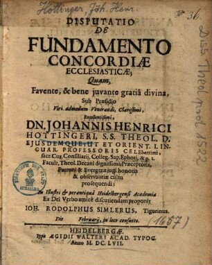 Disputatio De Fundamento Concordiae Ecclesiasticae