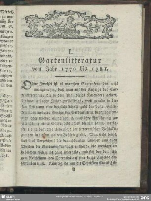 I. Gartenlitteratur vom Jahr 1770 bis 1781