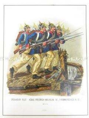 Uniformdarstellung, Gemeine des 1. Pommerschen Grenadier-Regiments König Friedrich Wilhelm IV, Preußen, 1864. Tafel 82 aus: Schindler: Militair-Album.
