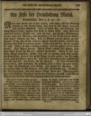 Am Feste der Heimsuchung Mariä. Evangelium, Luc. 1. v. 39-56