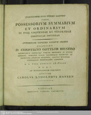 Quaestionem Iuris Publici Saxonici Utrum Possessorium Summarium Et Ordinarium In Iure Coquendae Et Vendendae Cerevisiae Obtineat