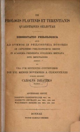 De prologis Plautinis et Terentianis quaestiones selectae : Diss. philol.