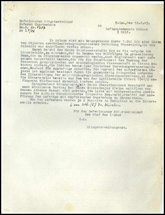 Schreiben; Referat Kunstschutz, Befehlshaber Südgriechenland an Luftgaukommando Südost, I Bild | Digitalisierung: Deutsches Archäologisches Institut, Athen, Archiv