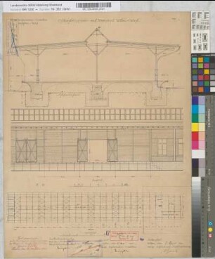 Güterschuppen auf Bahnhof Witten, Blatt 1: Ansicht, Grundriß, Schnitt, M. 1:50 Hga, Sknr.: 5, Fanr.: 8, Bunr.: 3