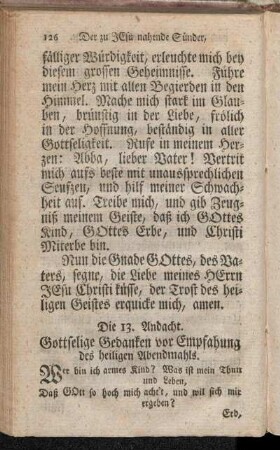Die 13. Andacht. Gottselige Gedanken vor Empfahung des heiligen Abendmahls.