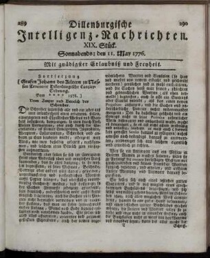 XIX. Stück: Sonnabends: den 11. May 1776.