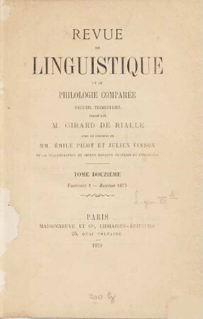 Revue de linguistique et de philologie comparée : recueil trimestriel. 12, 12. 1879