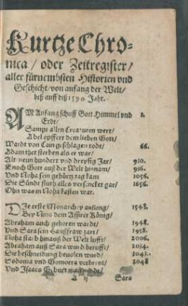 Kurtze Chronica/ oder Zeitregister/ aller fürnembsten Historien und Geschicht/ von anfang der Welt/ biß auff diß 1590. Jarh.