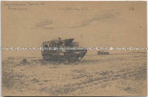 Zerschossener Panzer, nach einer Fotografie handgezeichnete Postkarte von der französischen Front