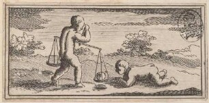 Vignette mit zwei Putti beim Experimentieren mit Waage, Kubus und Kugel, zu: Andrea Piovani: Demonstrationes geometricae in trisectionem anguli plani [...], Rom 1728