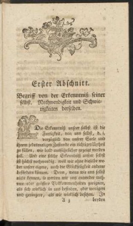 Erster Abschnitt. Begriff von der Erkenntniß seiner selbst. Nothwendigkeit und Schwierigkeiten derselben.