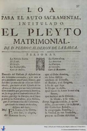 Loa para el Auto Sacramental El Pleyto Matrimonial.