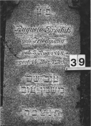 Grabstein 39 (Index: 99805053) Material: ??? Maße HxBxT: 190x65x28 cm Beschreibung: Stele auf gestuftem Sockel mit Rundbogen, efeubewachsen Symbolik: Blüte im Rundbogen: Grabstein 39 (Detailaufnahme)