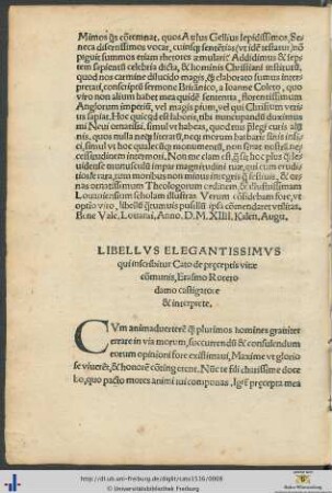 Cato de pręceptis vitæ communis Erasmo Roterodamo castigatione et interprete