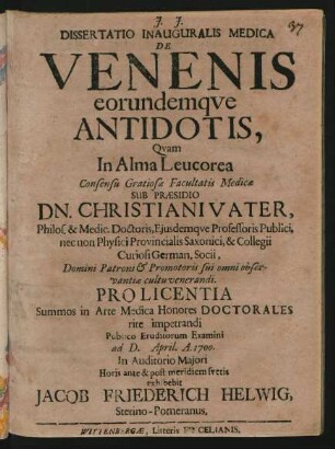 Dissertatio Inauguralis Medica De Venenis eorundemque Antidotis