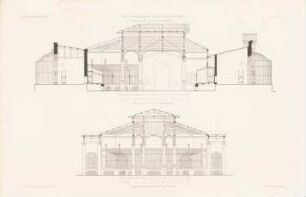 Zoologischer Garten, Berlin Raubtierhaus: Querschnitt, Längsschnitt durch den Mittelbau (aus: Atlas zur Zeitschrift für Bauwesen, hrsg. v. G. Erbkam, Jg. 25, 1875)