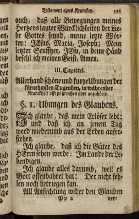 III. Capittel. Allerhand schöne und kurtz Ubungen der fürnehmsten Tugenden, in währender Kranckheit offt zu sprechen oder anzuhören.