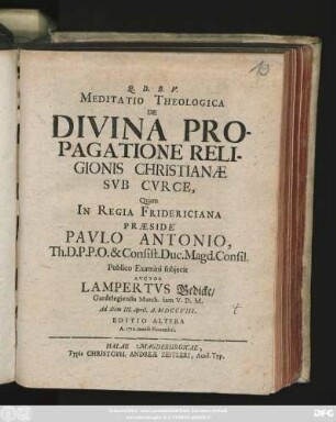 Meditatio Theologica De Divina Propagatione Religionis Christianae Svb Cvrce