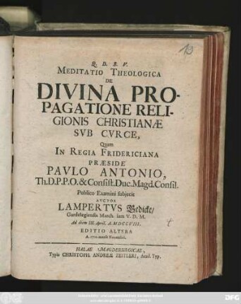 Meditatio Theologica De Divina Propagatione Religionis Christianae Svb Cvrce