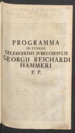Programma In Funere Celeberrimi Iure Consulti Georgii Reichardi Hammeri P.P.
