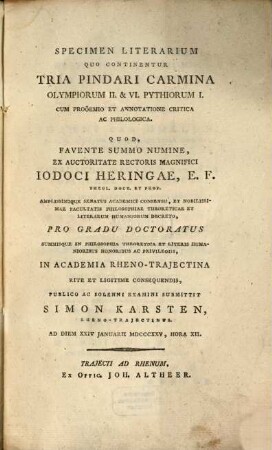 Specimen literarium quo continentur tria Pindari carmina, Olympiorum II et VI. Pythiorum I.