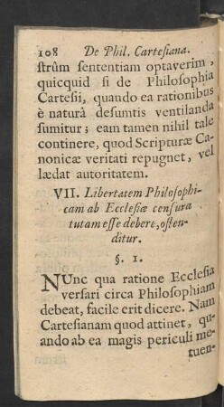 VII. Libertatem Philosophicam ab Ecclesiae censura tutam esse debere, ostenditur.