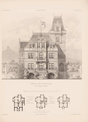 Villa Unschuld, Bad Neuenahr: Grundrisse, Ansicht (aus: Architektonisches Skizzenbuch, H. 135/6, 1875)
