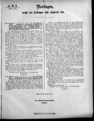 Anlage: ad No.9 (109-110.), Vorlagen, welche den Zeitungen nicht mitgeteilt sind
