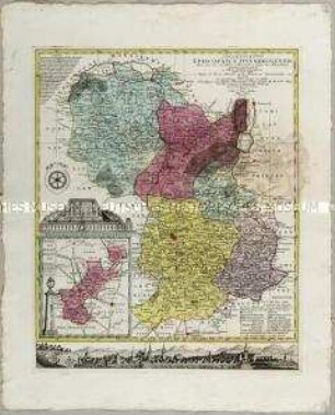 Delineatio Episcopatus Osnabrugensis. Mit einer Nebenkarte: Districtus Reckenbergensis und zwei Ansichten: Prospetus Palatii Osnabrug; Prospect der Stadt Osnabruck