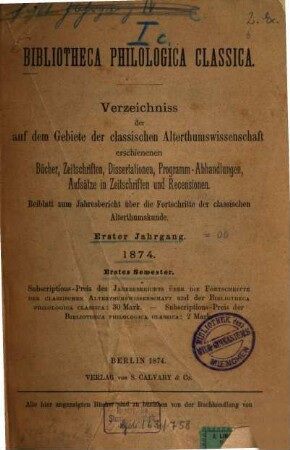 Bibliotheca philologica classica. 1. 1874