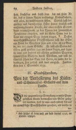 IV. Sendschreiben, Von der Verbesserung des Küster- und Schulmeister-Gehalts auf dem Lande.