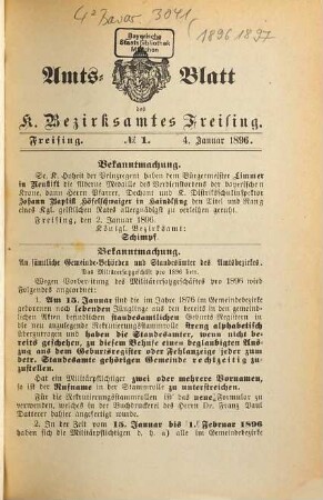 Amts-Blatt des Bezirksamtes Freising. 1896